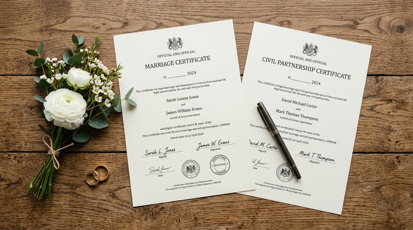 Legal documents and certificates for civil partnership registration