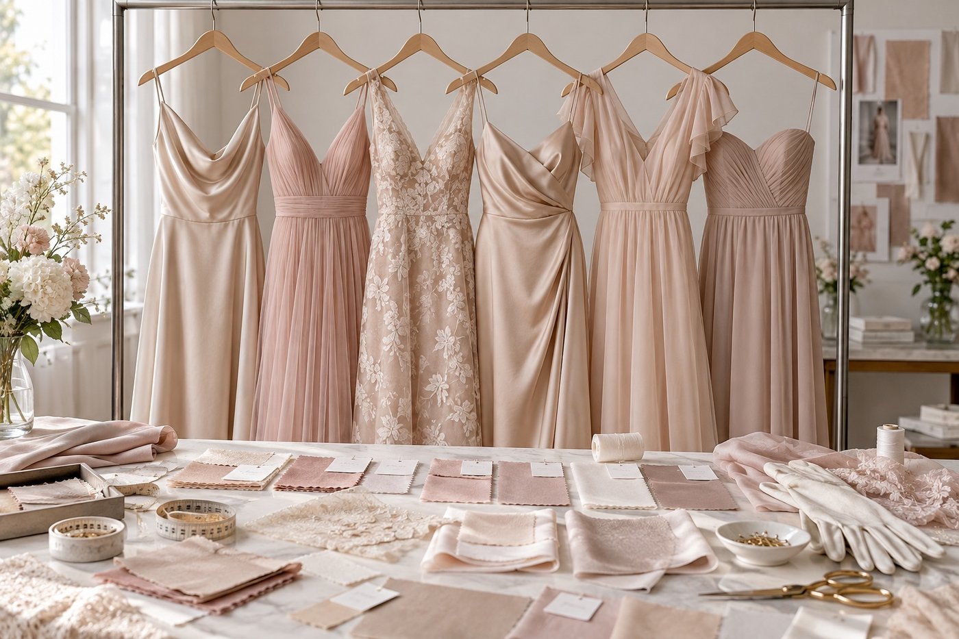 Source-grounded editorial illustration of six pale champagne and blush bridesmaid dresses with dye-test swatches