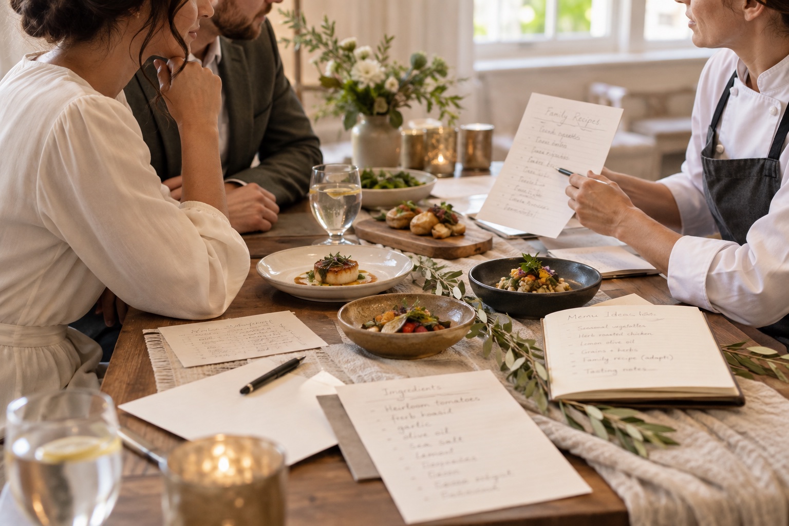 Source-grounded editorial illustration of a caterer and fictional couple reviewing family recipe notes
