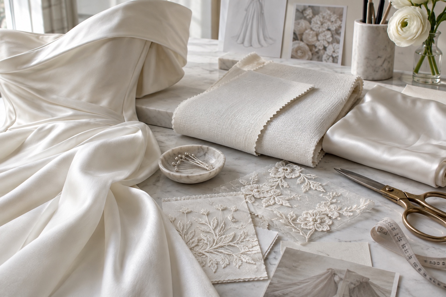 Source-grounded editorial still life of coordinated ivory gown and suit fabrics with discreet embroidery samples