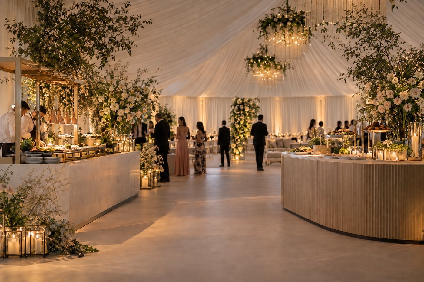 Source-grounded editorial illustration of two elegant wedding food stations inside a fully draped ivory reception space