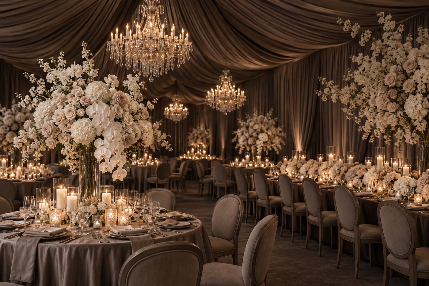 Source-grounded editorial illustration of an ivory-draped wedding reception with chandeliers and white flowers