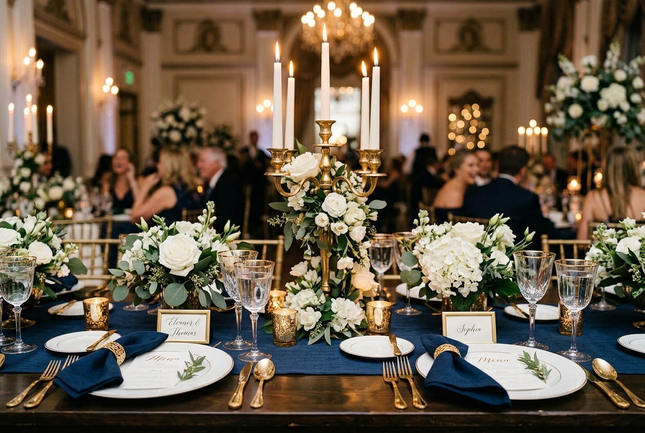 Wedding table in navy and gold — linen napkins, gold cutlery, white plates, gold candelabra, white flowers