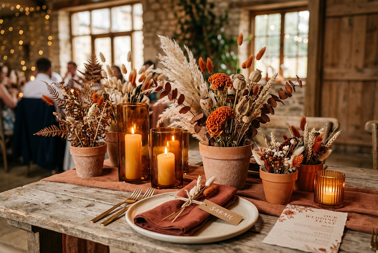 Terracotta wedding decor — dried flowers in terracotta pots, amber candle holders, rust linen napkins