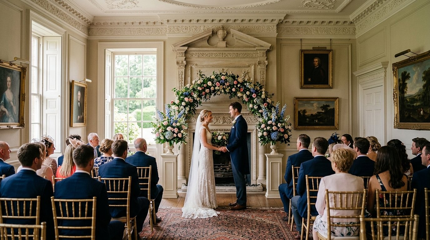 Elegant drawing room ceremony inside a country house, tall windows flooding the room with natural light, rows of chairs and a floral arch
