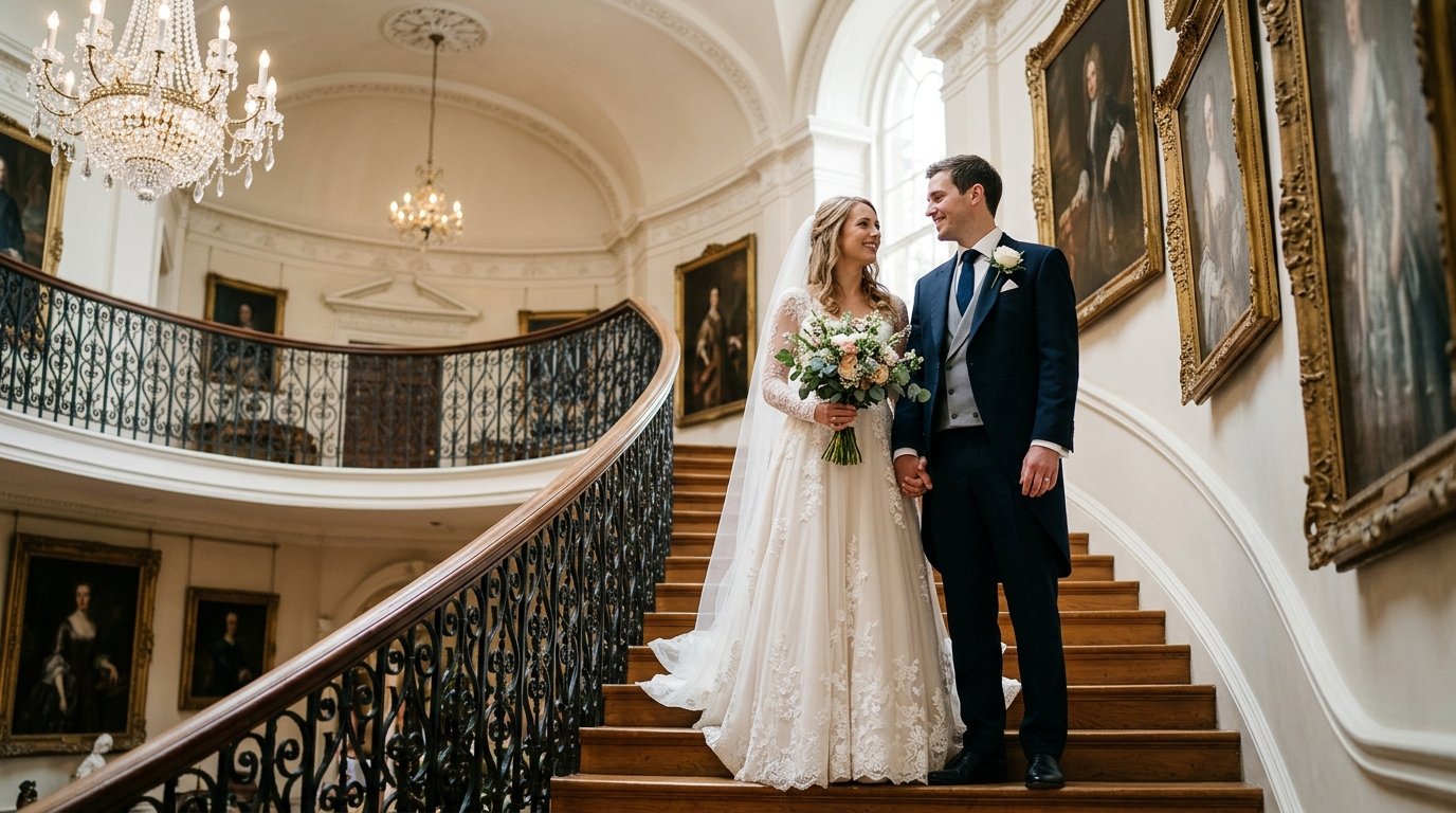 Couple portrait on a grand sweeping staircase inside a country house, soft window light from above