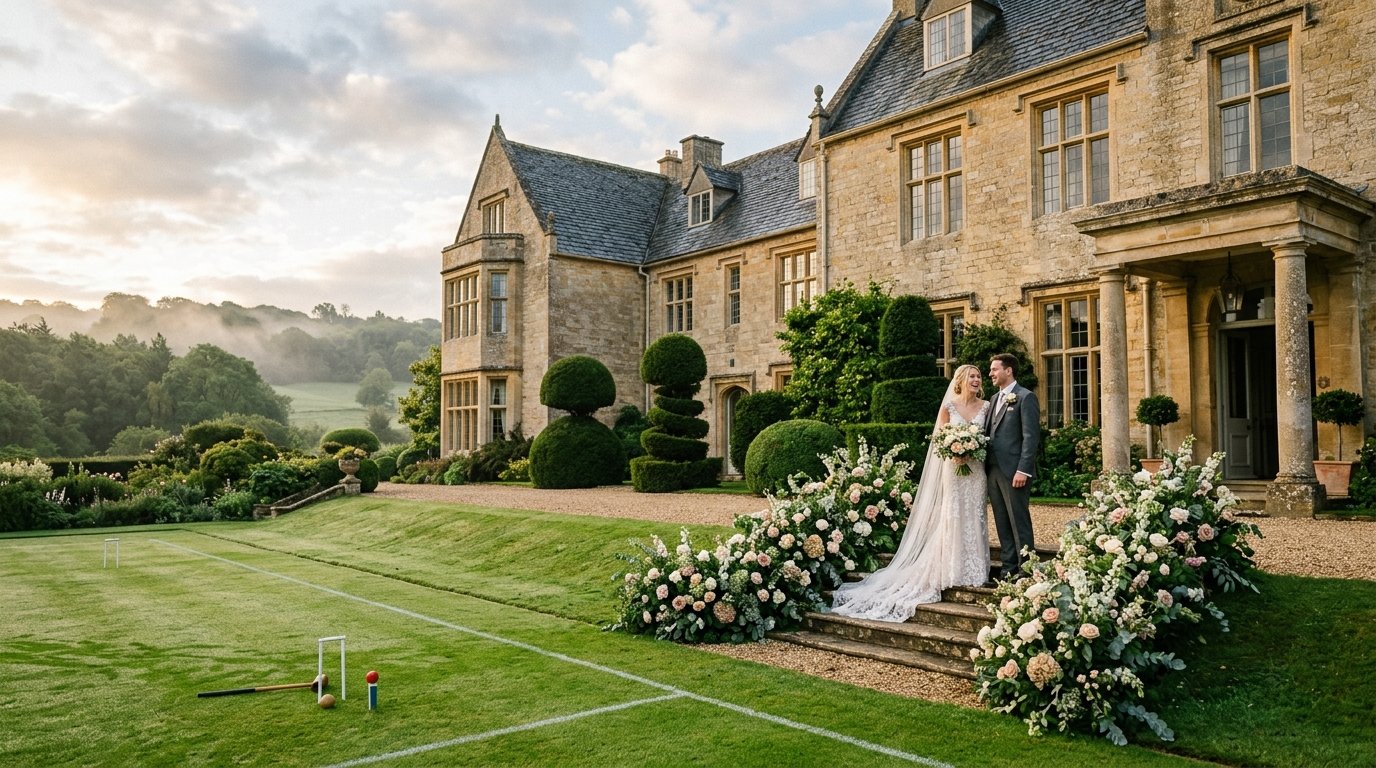 Grand English country house with honey-coloured stone, manicured croquet lawn and topiary hedges in golden morning light