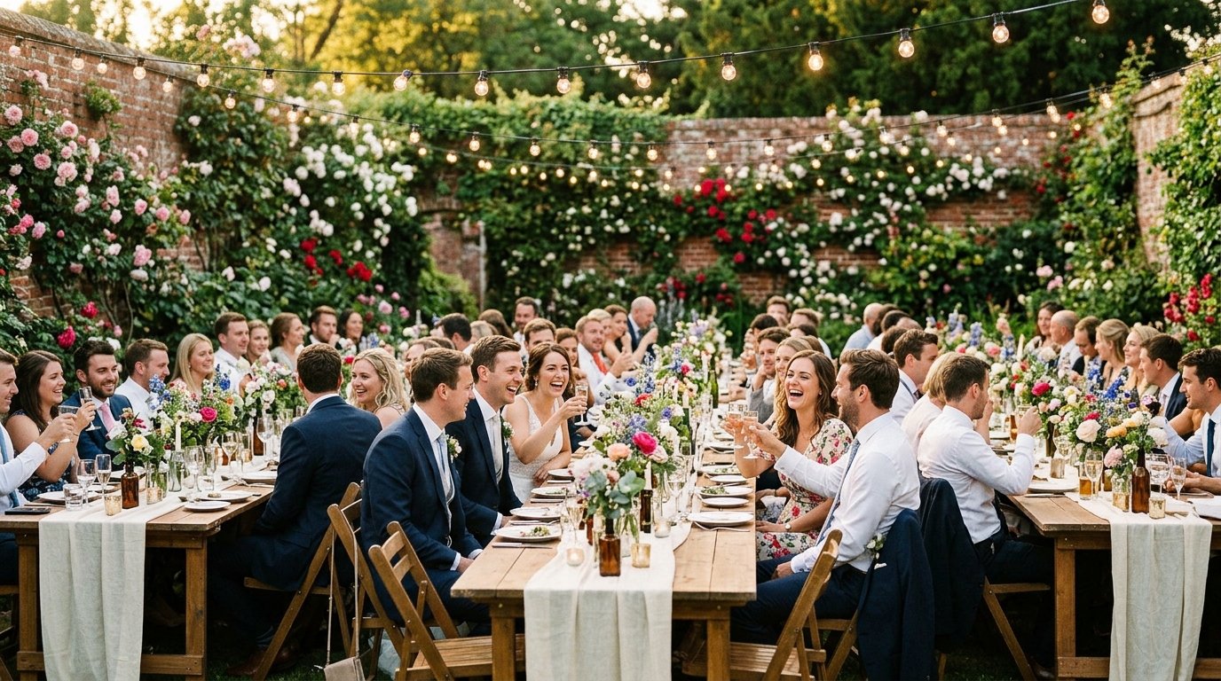 Walled garden wedding reception with long rustic tables, wildflower centrepieces and festoon lights overhead