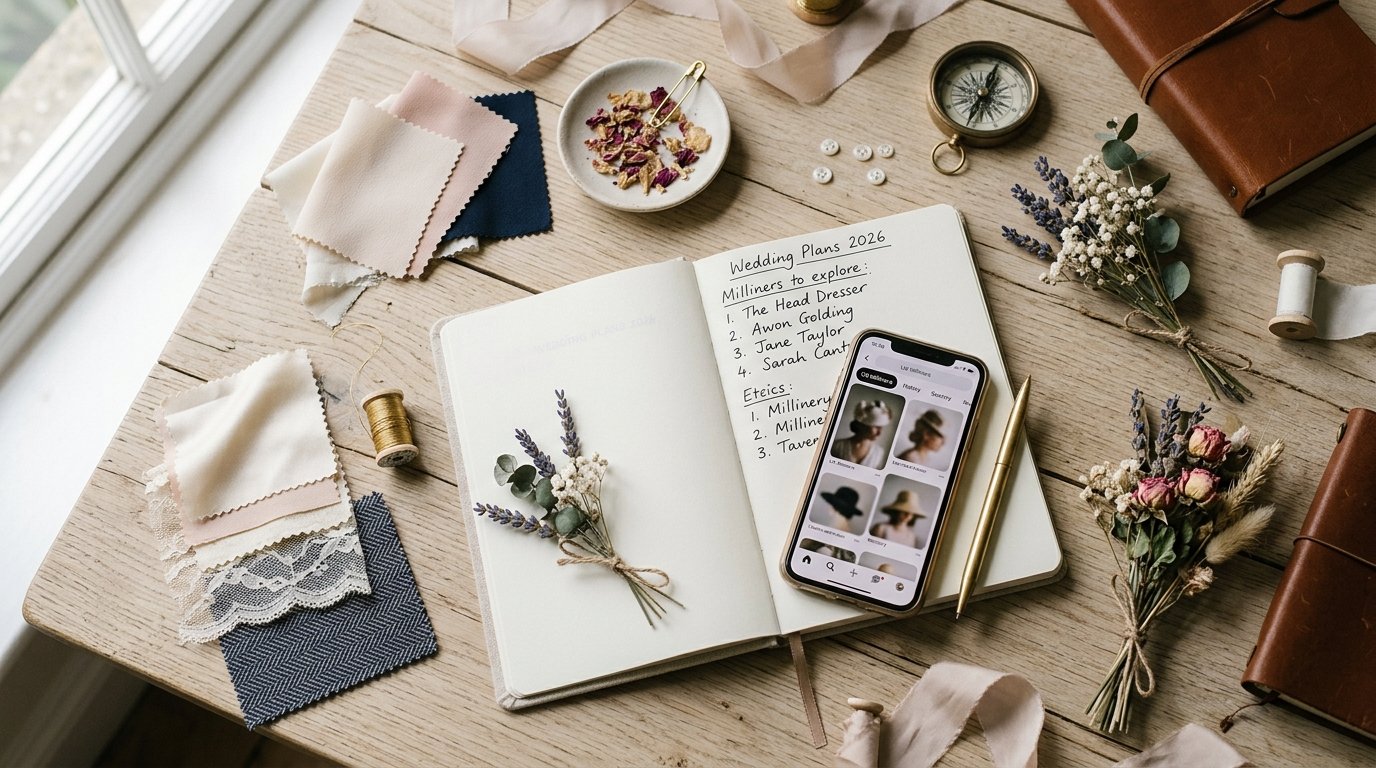 Custom Wedding Hats UK: 8 Milliners for 2026 — The eight milliners worth knowing, editorial photography for Weddings Hub