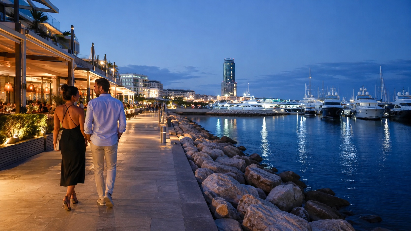 Couple walking beside Limassol Marina at blue hour