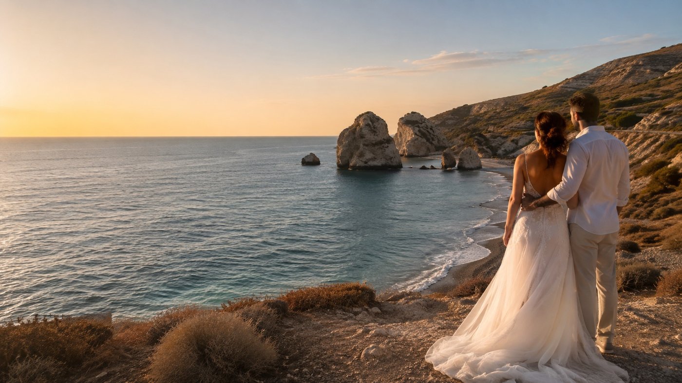 Couple overlooking Petra tou Romiou on the Paphos coast at sunset