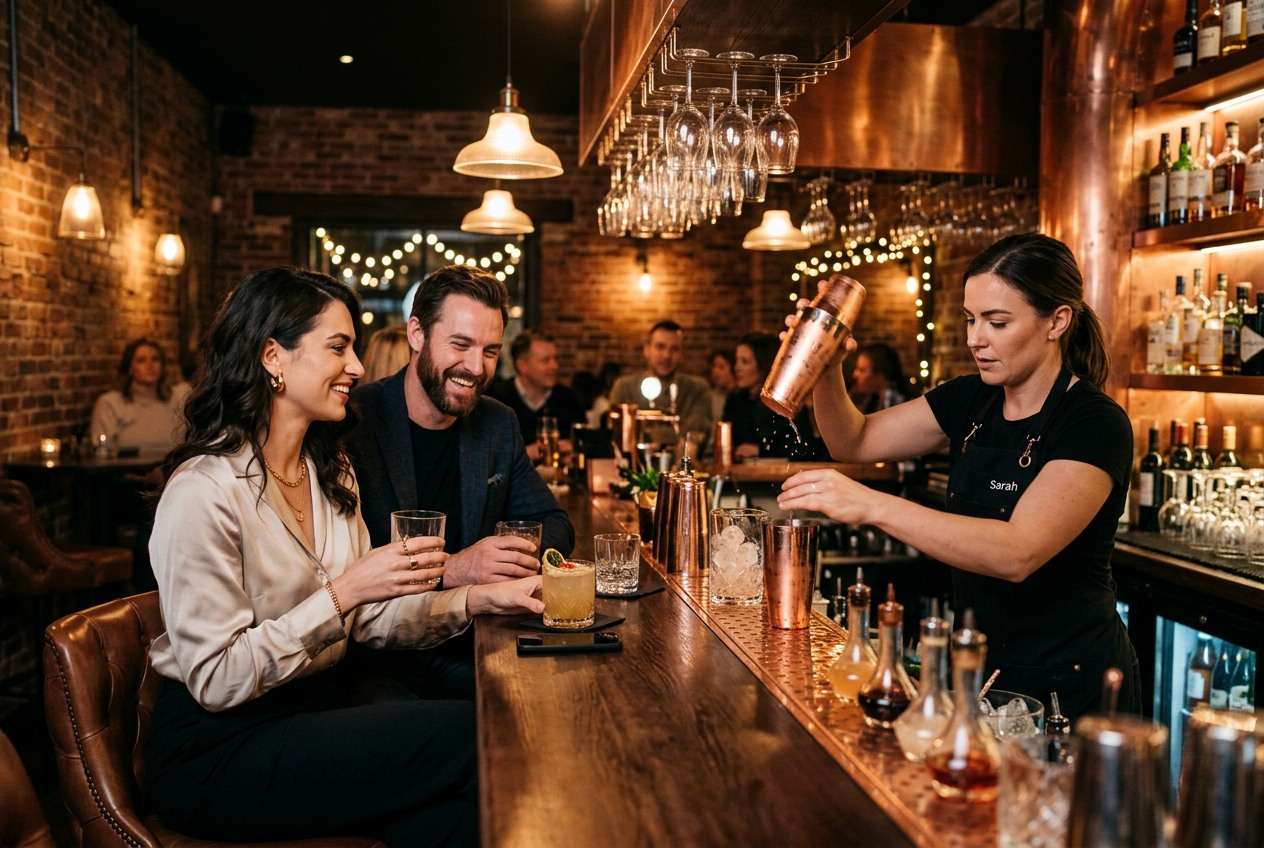 Couple at a stylish cocktail bar, bartender mixing drinks, moody lighting, exposed brick