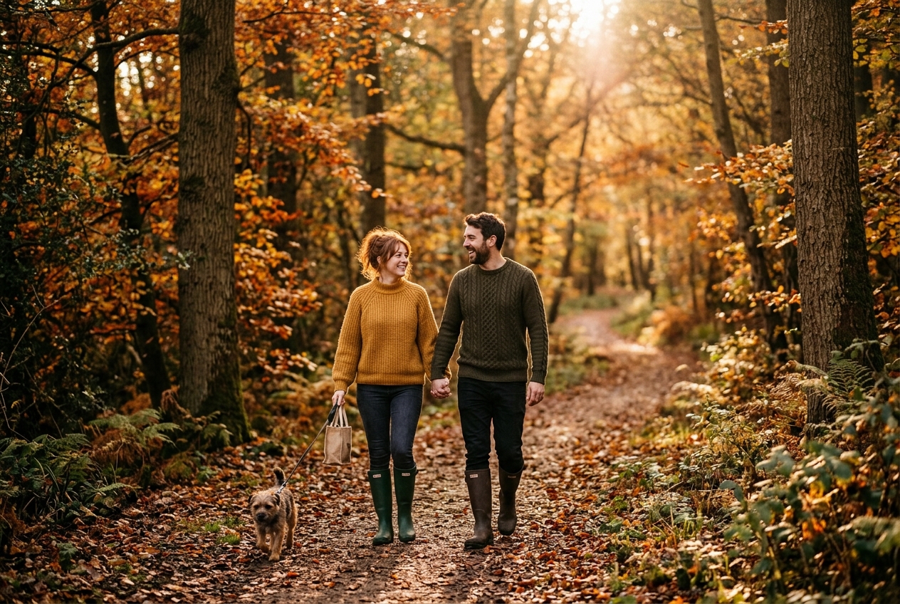 Couple on an outdoor date, walking through British woodland in autumn, golden light, wellies and jumpers