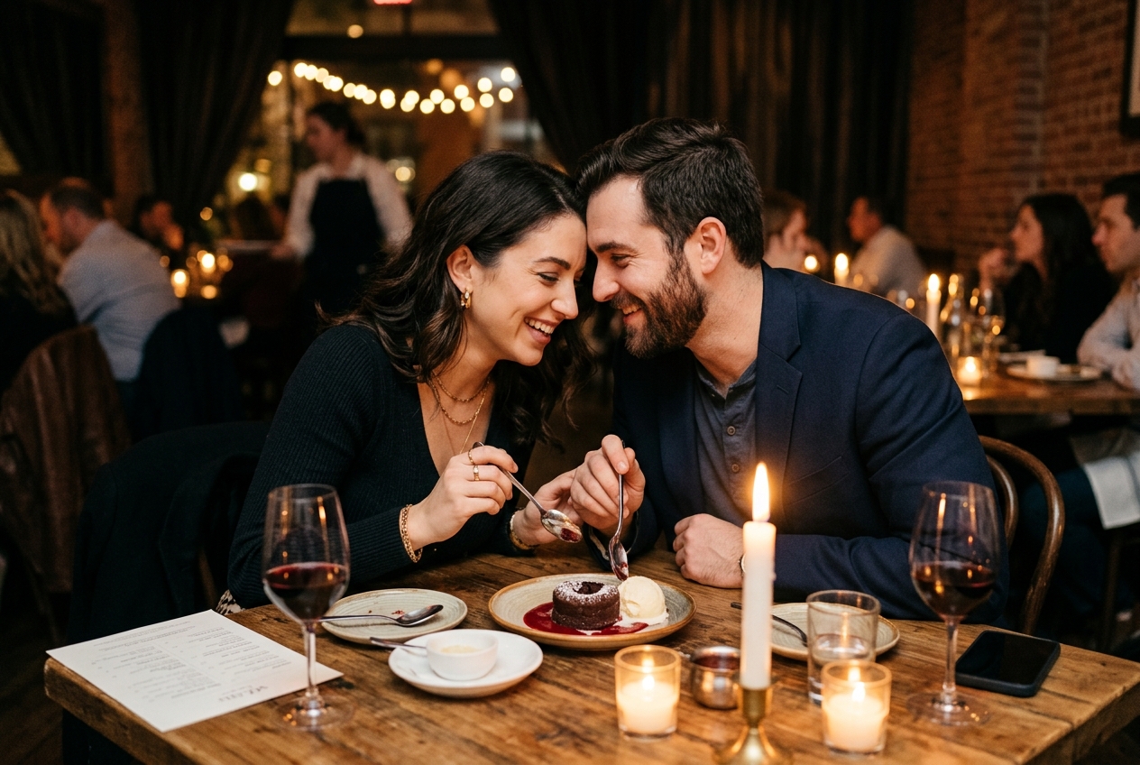 Couple at a candlelit restaurant, sharing dessert, leaning towards each other, warm ambient light