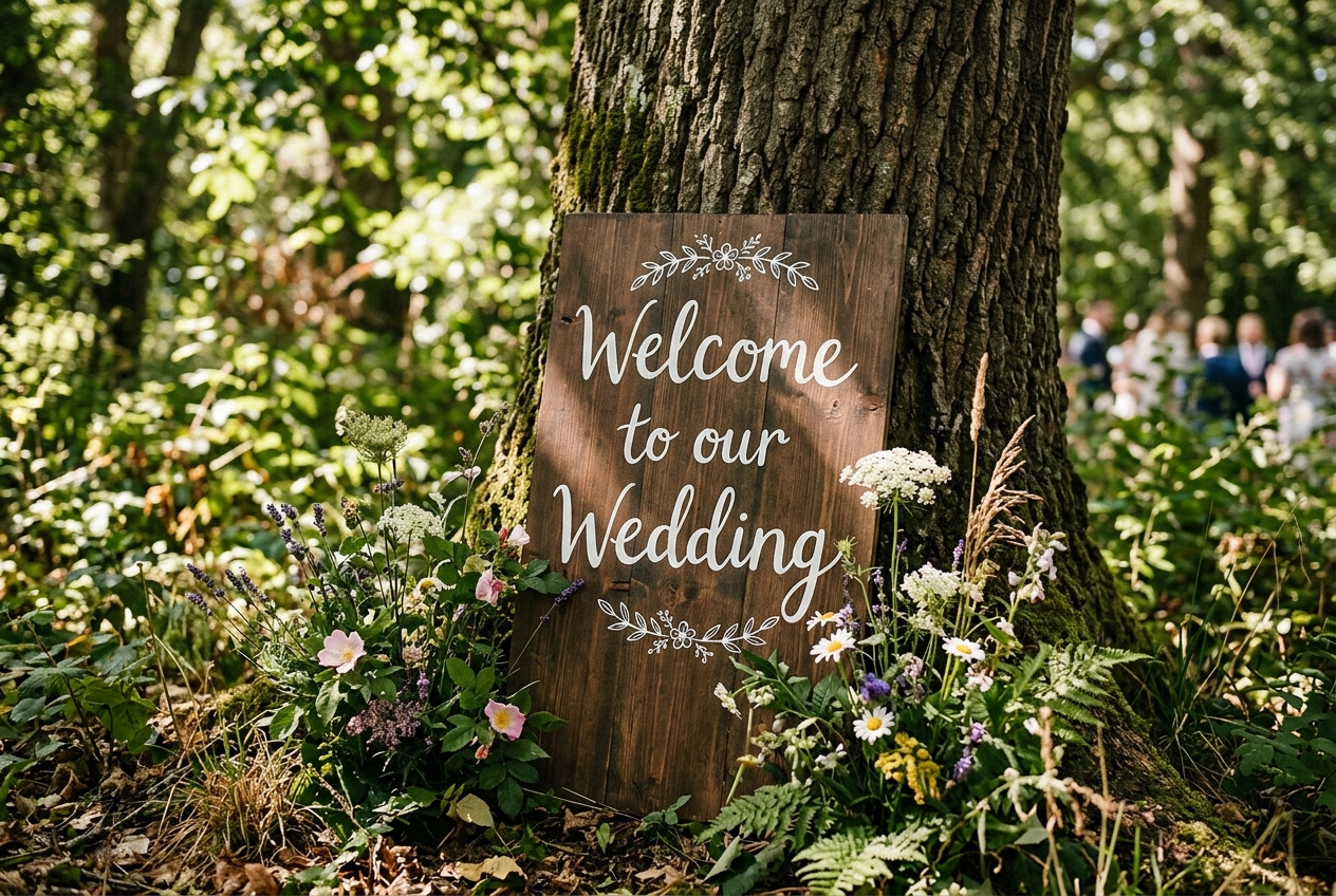 Hand-painted wooden wedding sign reading 'Welcome to our Wedding' leaning against a tree trunk with wildflowers
