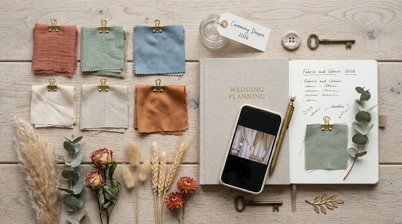 Drapery Backdrop Wedding Ceremonies: UK How-To Guide — Fabrics and colours: what works best in 2026, editorial photography for Weddings Hub