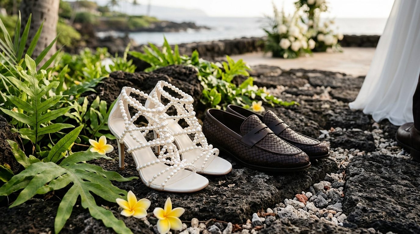 Pearl bridal heels and dark loafers beside lava rock in an illustrated Hawaii wedding scene