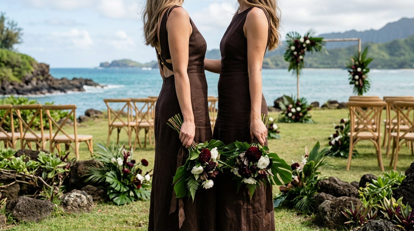 Why the dark-chocolate palette worked for Drew Afualo & Pili Tanuvasa's Hawaii Wedding
