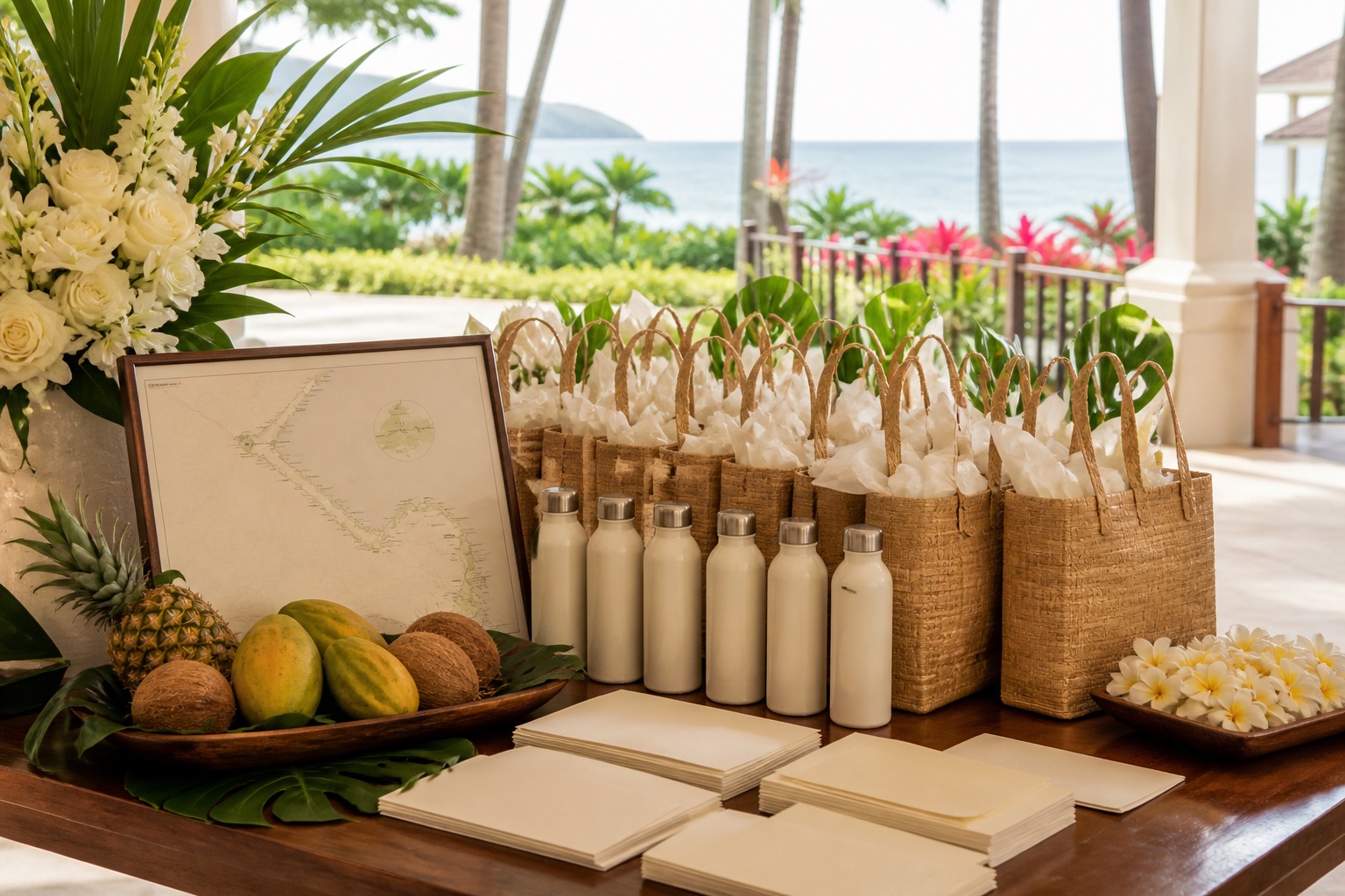 Illustrated destination-wedding welcome table with bags, water, cards and tropical fruit