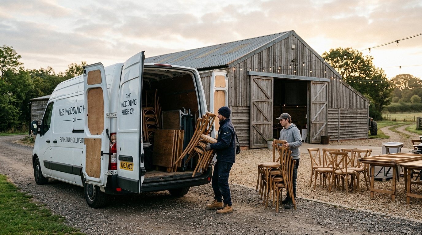Wedding furniture hire delivery arriving at a venue, van with back doors open, workers unloading wooden chairs and folding tables, blank canvas barn in the background
