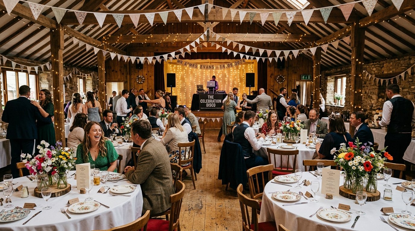 Beautifully decorated village hall wedding reception with bunting, round tables with vintage china, wildflower centrepieces in jam jars, fairy lights
