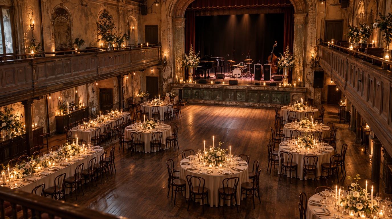 Candlelit historic music hall set with dinner tables, a dance floor and band instruments