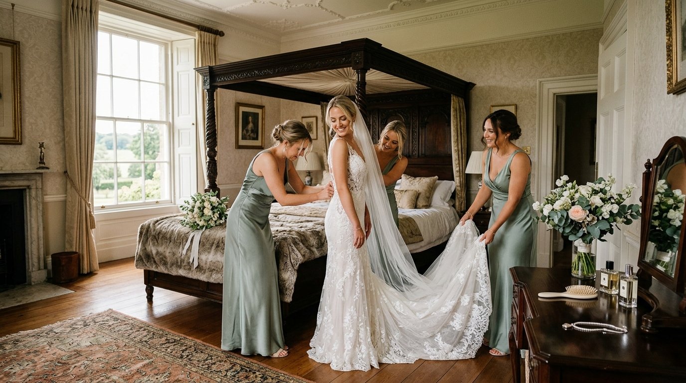Bride getting ready in a luxurious master bedroom with four-poster bed and morning light through tall sash windows