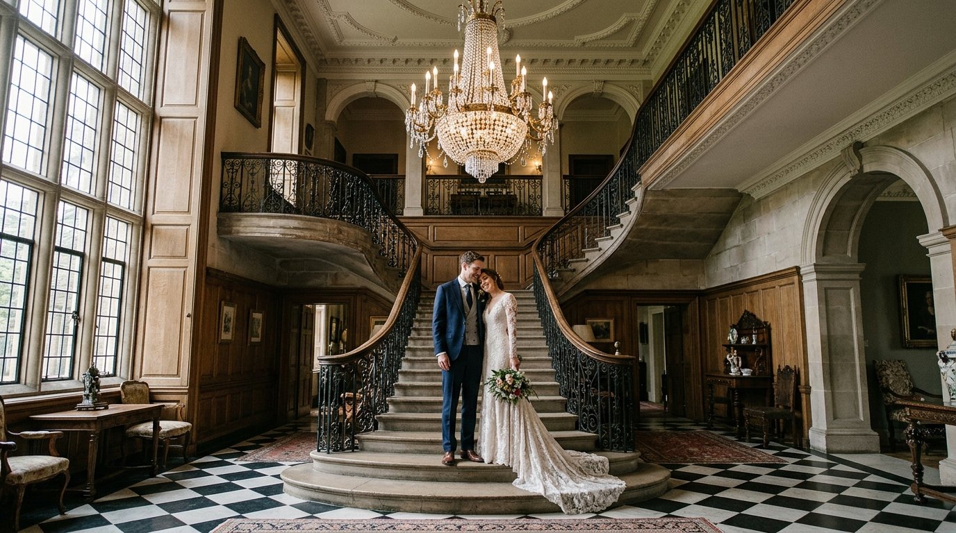 Bride and groom standing alone on a grand sweeping staircase inside an English country house, chandelier above