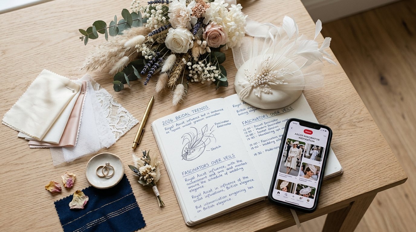 Bridal Fascinators Are Replacing Veils in 2026 — The Royal Ascot connection: why this trend has legs in the UK, editorial photography for Weddings Hub