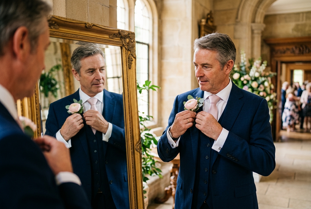Man in a navy three-piece lounge suit adjusting his buttonhole in a mirror