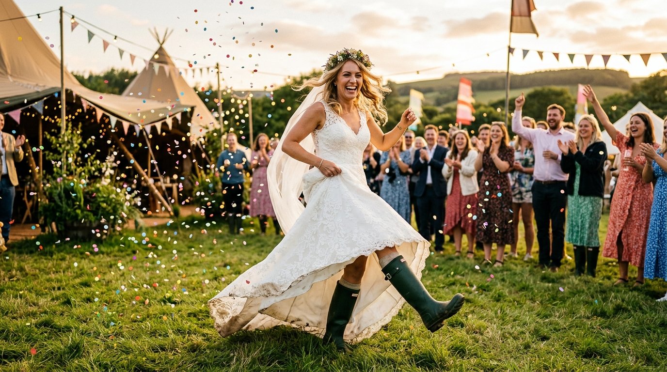 Bride dancing in wellington boots at a festival wedding, white dress and green wellies, confetti in the air