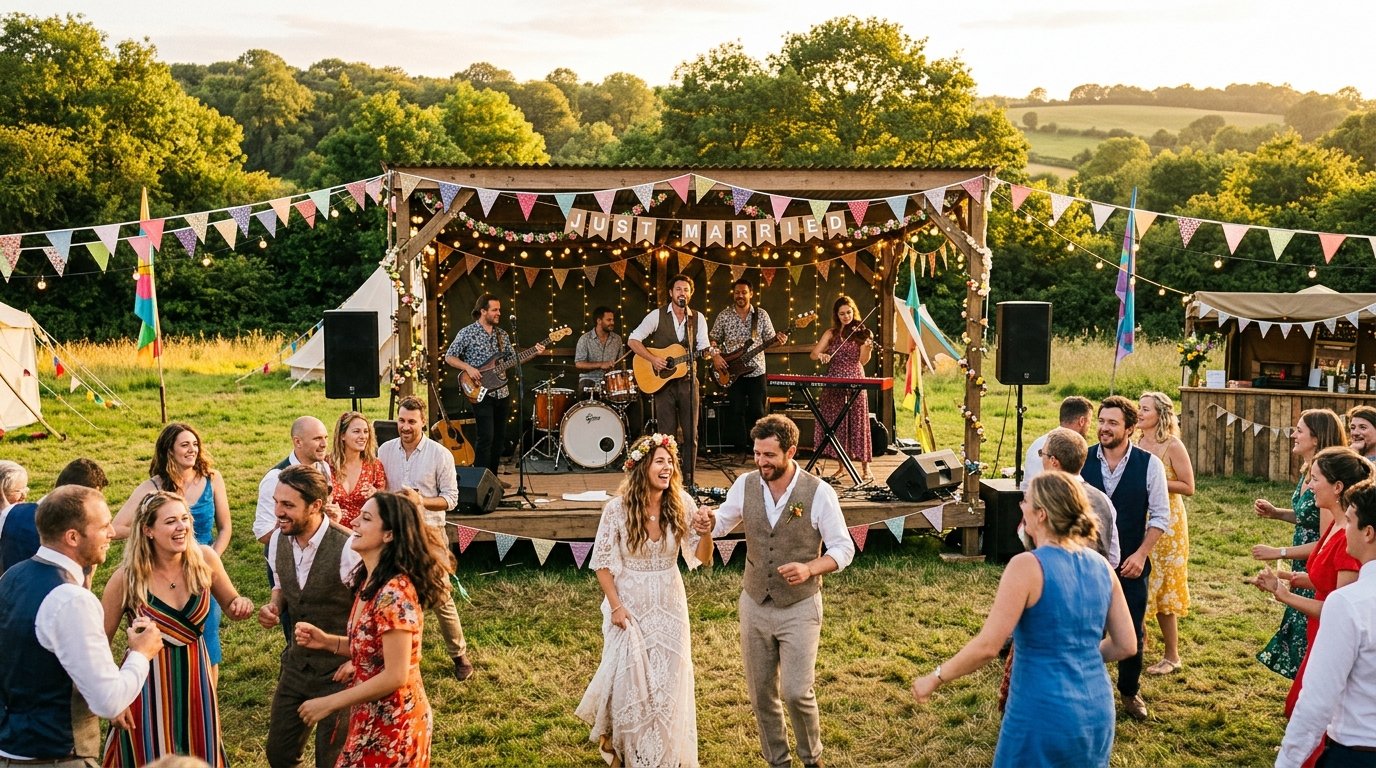 Festival wedding outdoor stage with a live band performing, bunting and fairy lights, guests dancing on grass