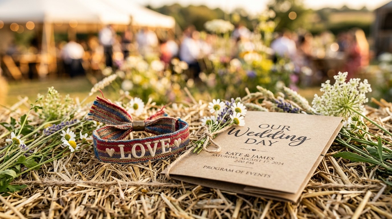 Close-up of a fabric festival wristband and folded wedding programme resting on a hay bale, wildflowers nearby