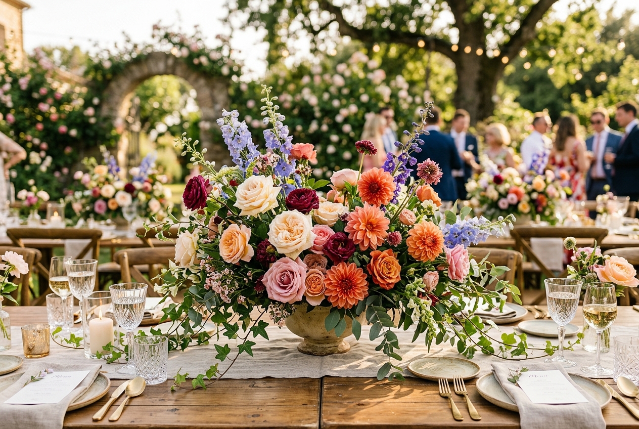 Lush summer wedding flower arrangement, garden roses, dahlias, delphiniums, trailing ivy, outdoor garden