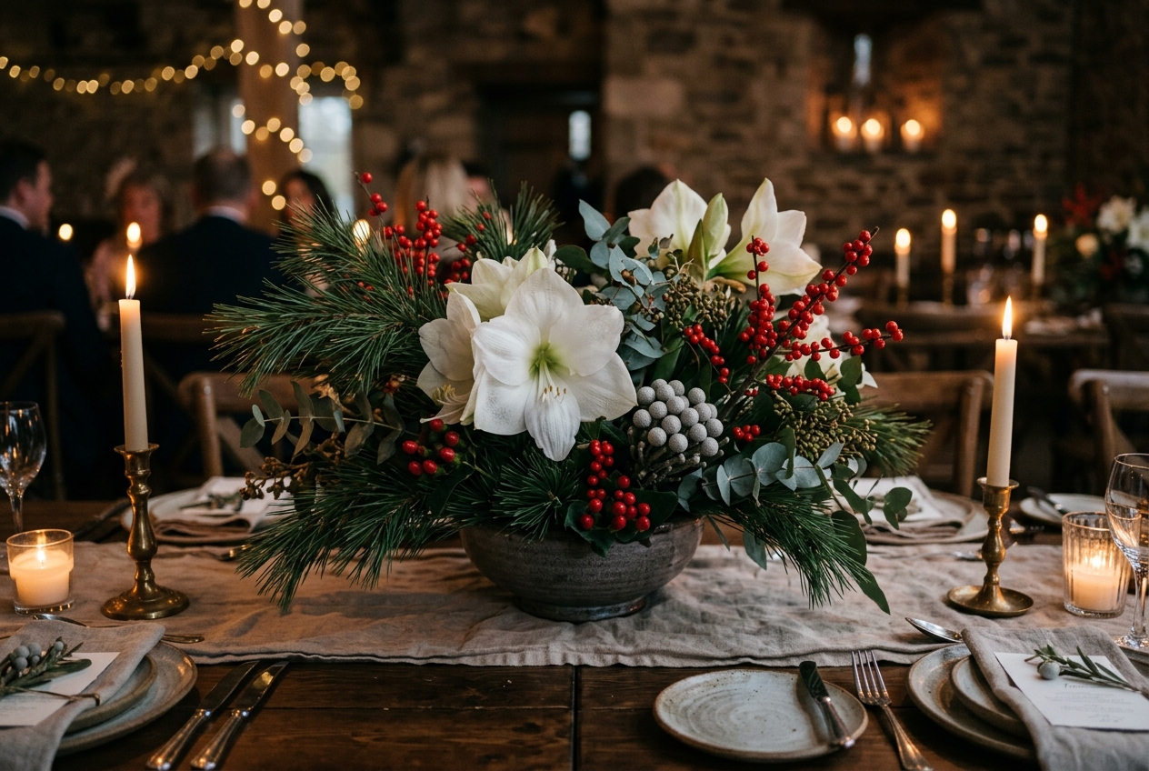 Winter wedding arrangement — white amaryllis, pine, eucalyptus, red berries, silver brunia, candles