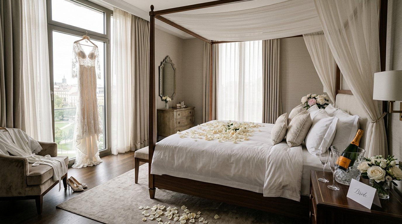 Luxurious hotel bridal suite with a four-poster bed, rose petals, champagne on ice, and a wedding dress hanging by the window in soft morning light