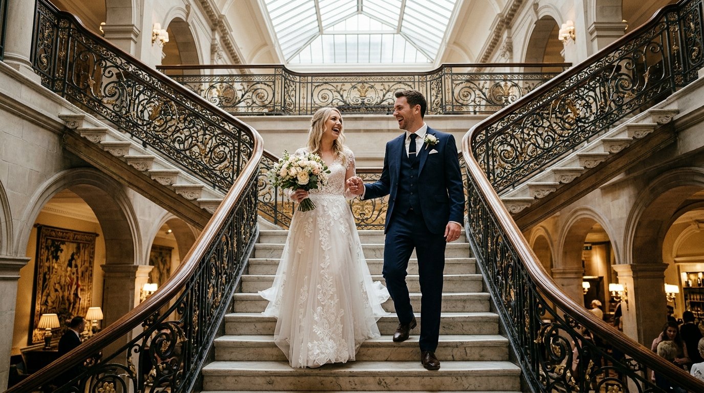 Bride and groom on a grand hotel staircase with ornate balustrade, laughing together in natural light