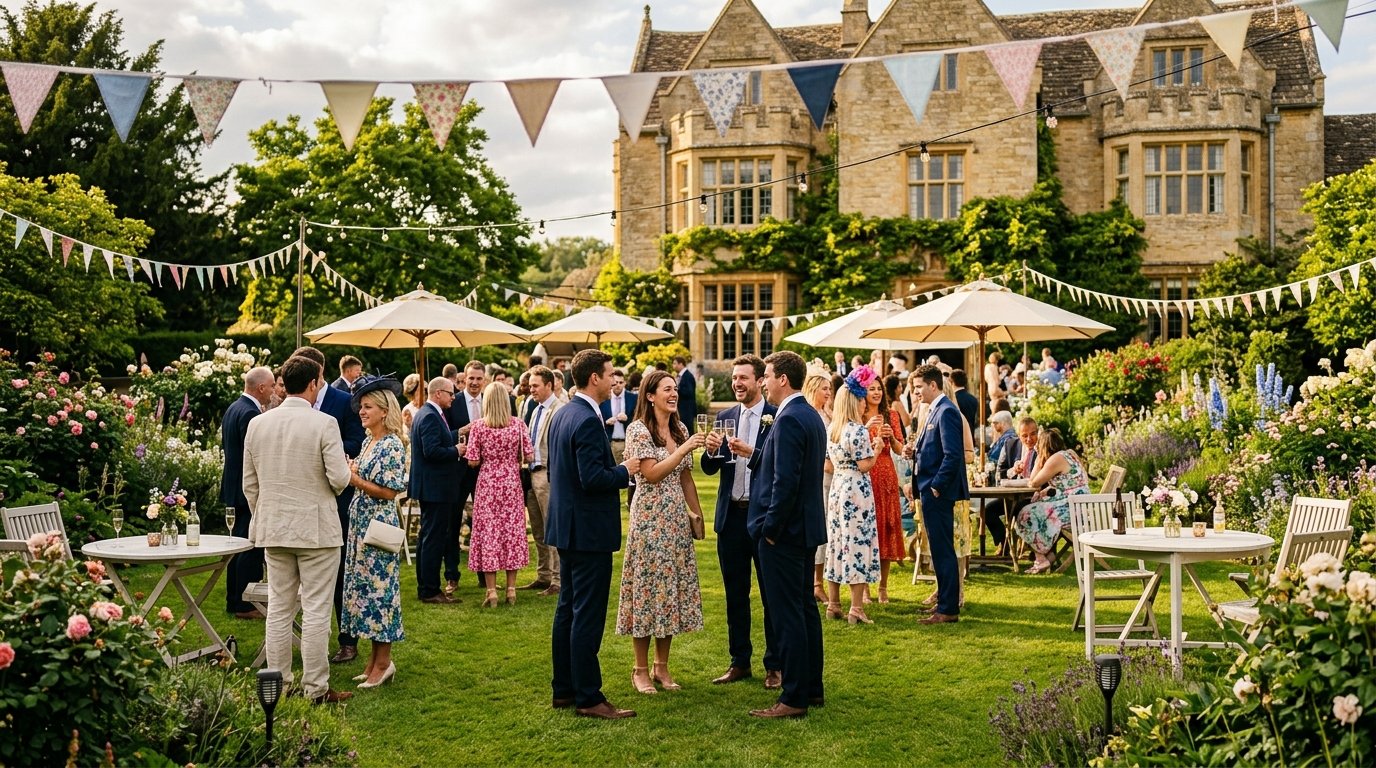 Wedding drinks reception in a hotel garden with guests mingling on a manicured lawn, country house hotel in the background, golden afternoon light