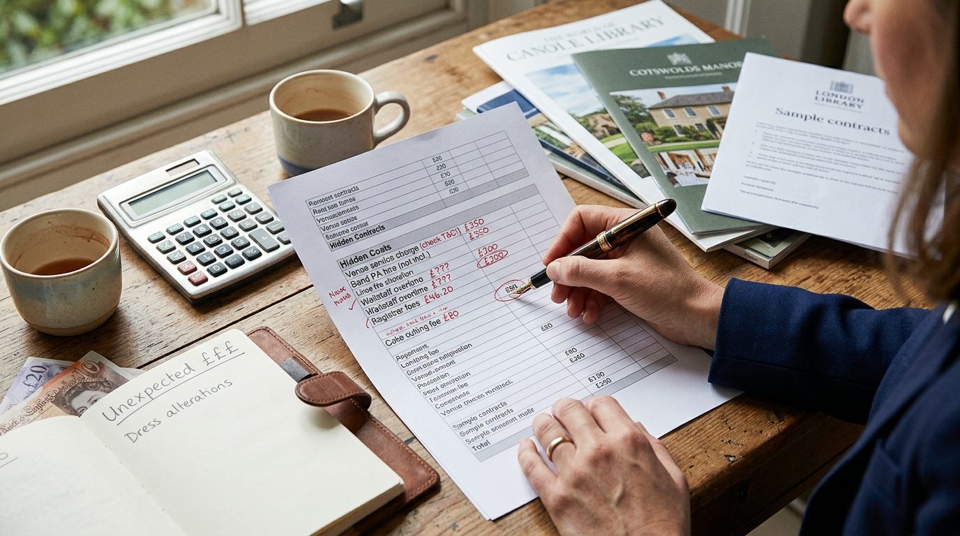 Couple checking the smaller costs hidden between larger bookings