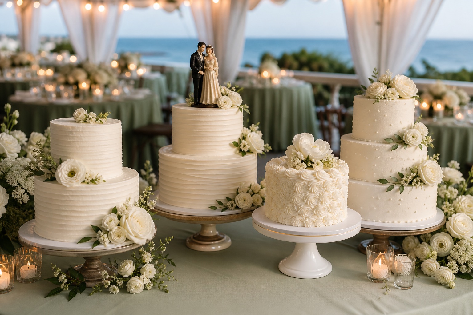 Four white wedding cakes displayed on an oceanfront reception table
