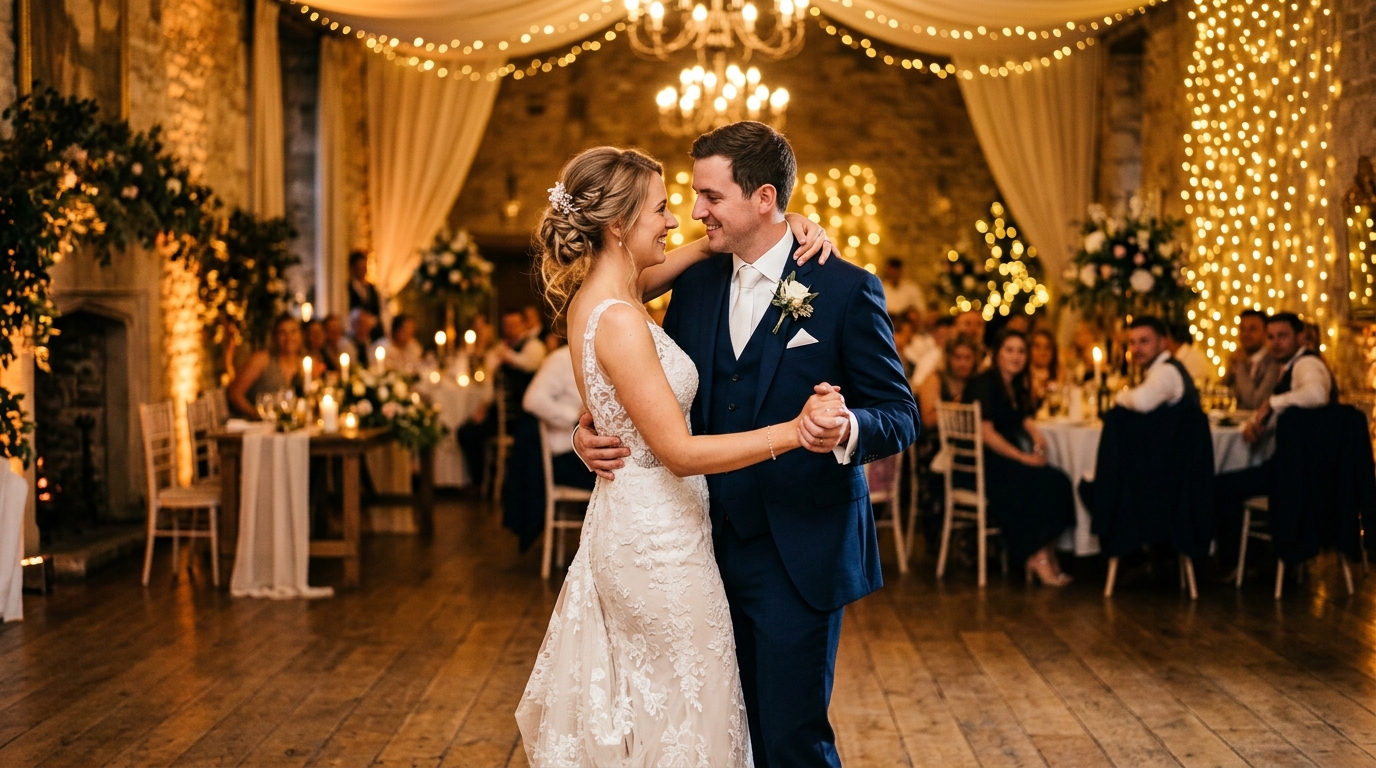 Bride and groom sharing their last dance at a wedding reception