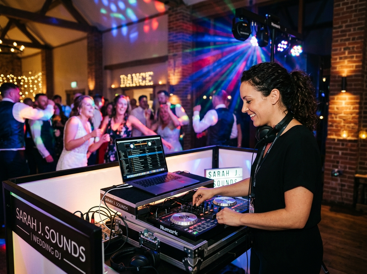 Wedding DJ at a mixing desk with colourful lights