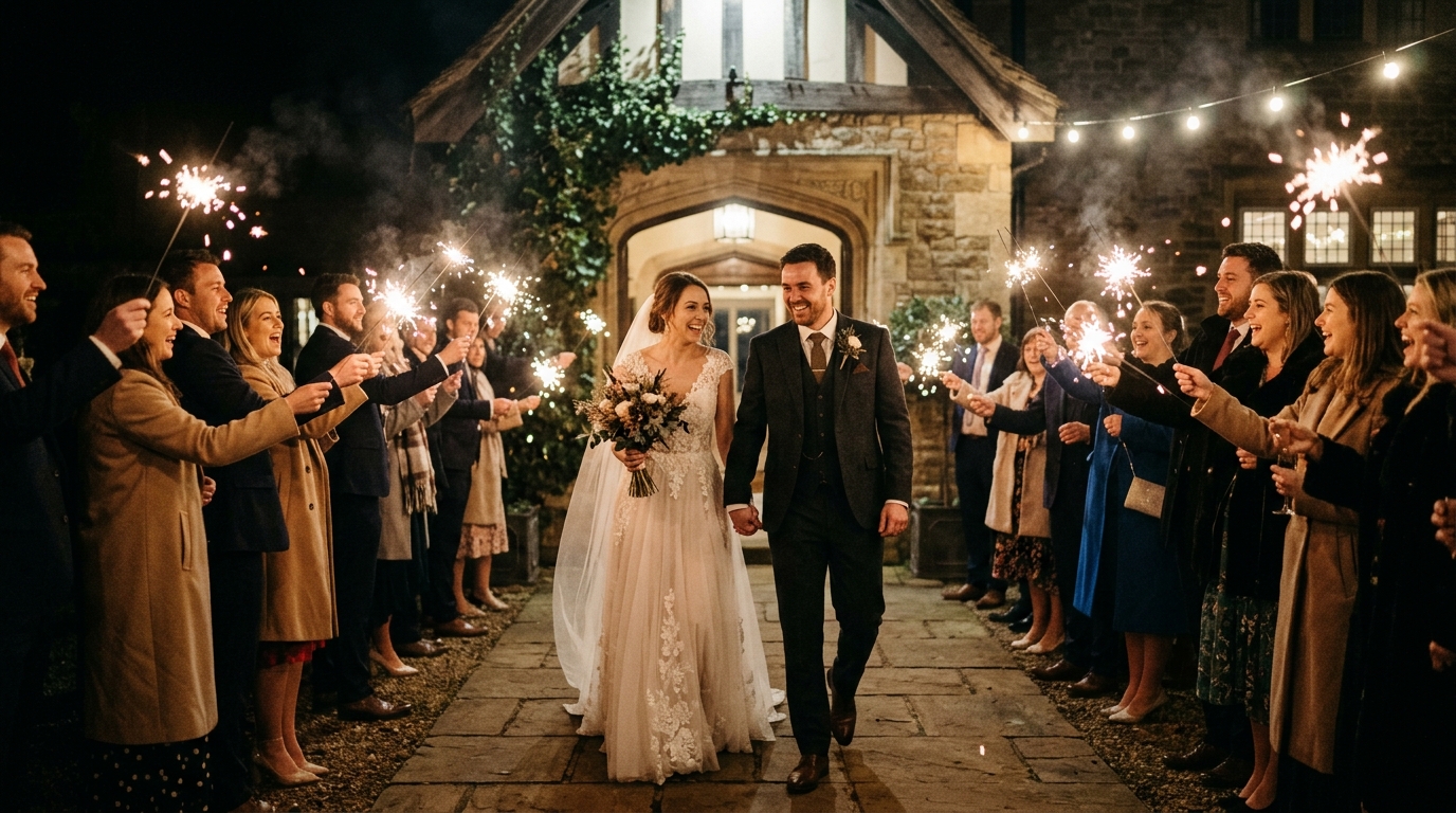 Bride and groom walking through a sparkler send-off tunnel