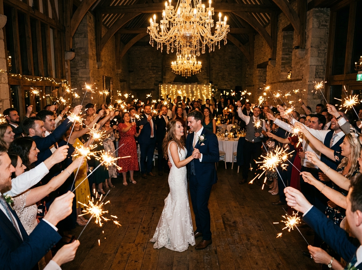 Wedding guests waving sparklers during the last dance