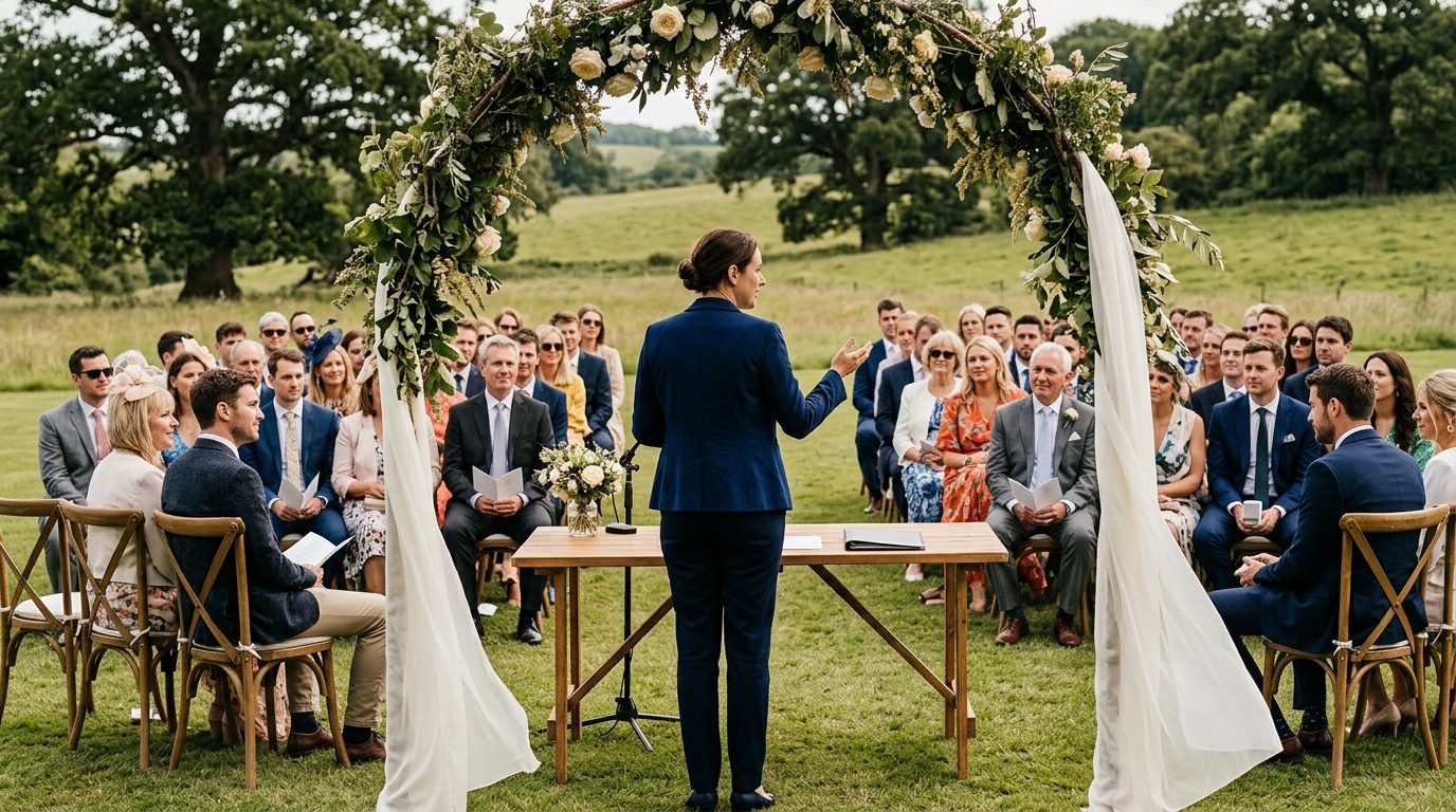 Outdoor wedding ceremony with a registrar and guests