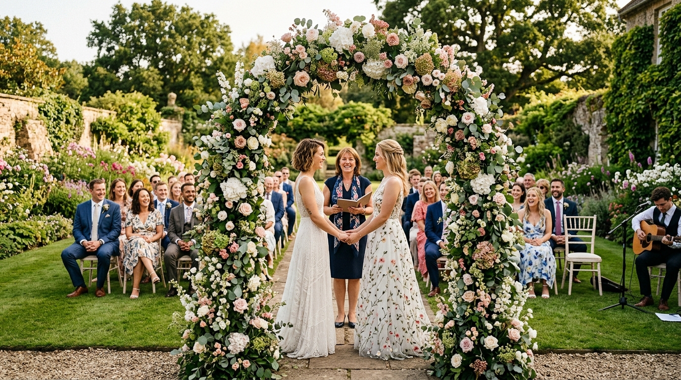 Beautiful outdoor LGBTQ wedding ceremony with flowers and guests