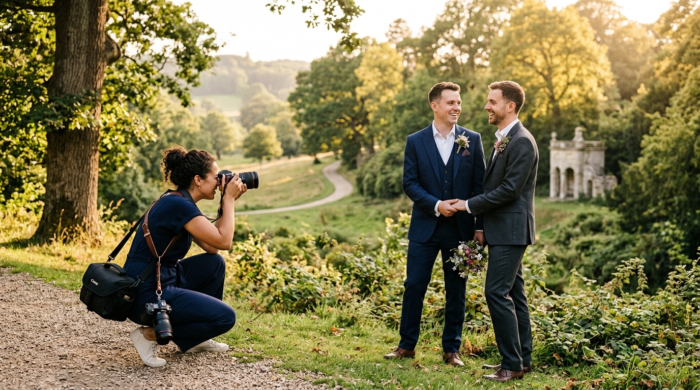LGBTQ wedding photographer capturing a same-sex couple at a UK venue