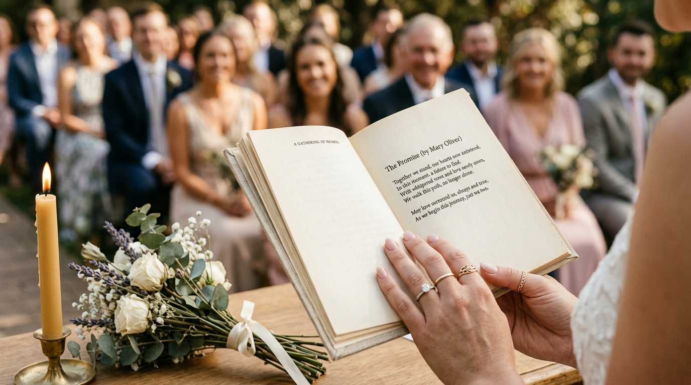 A friend reading poetry aloud at an LGBTQ wedding ceremony
