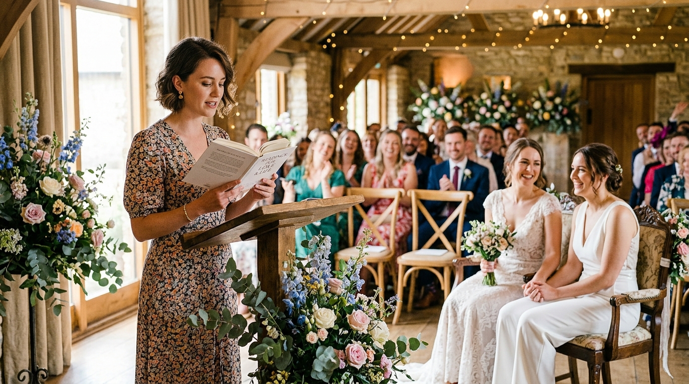 LGBTQ couple listening to a wedding reading during their UK ceremony