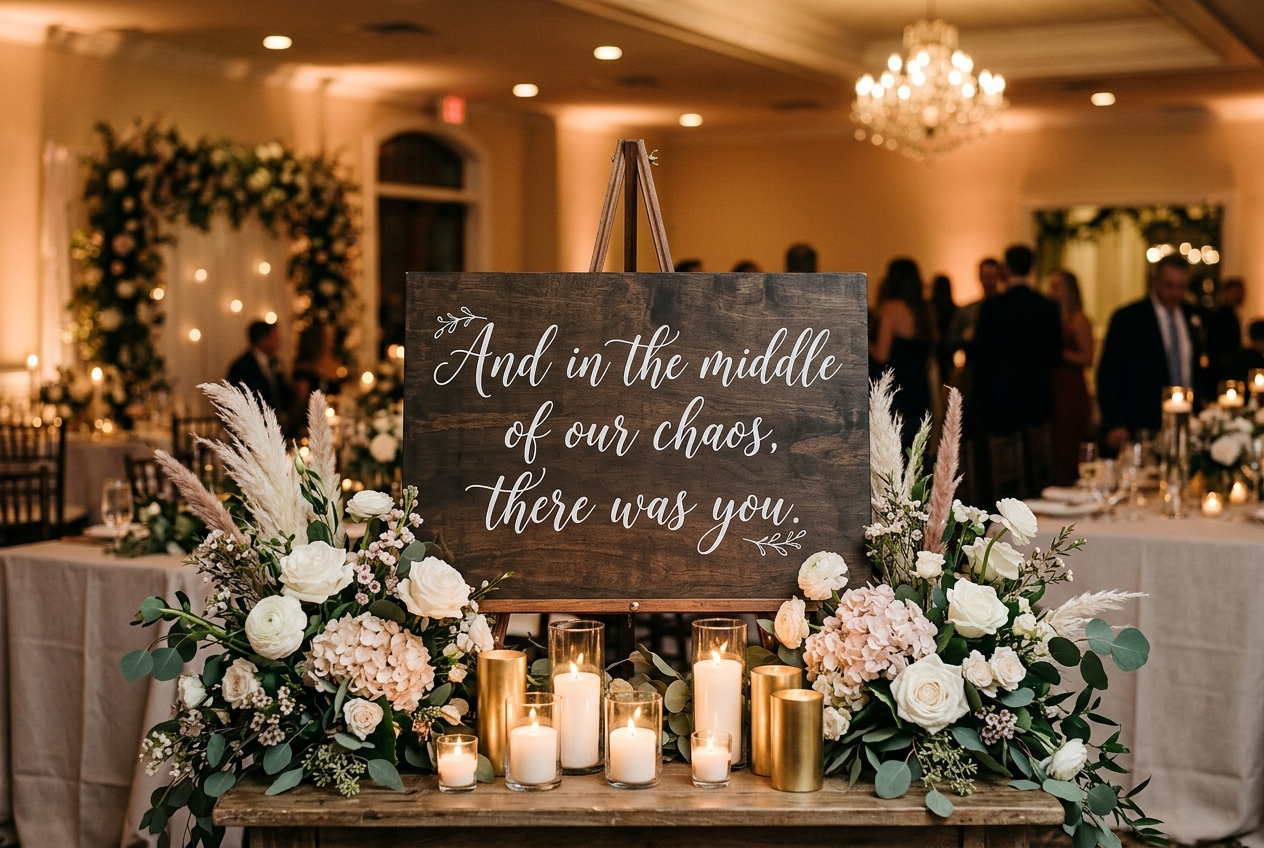 Decorative sign at a wedding reception with a love quote in white script on a dark board, flowers